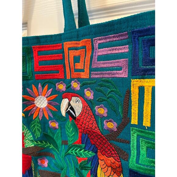 Birds Handmade Tote Purse Bag Floral Embroidered Parrot Boho Cottagecore Woven - Picture 2 of 7